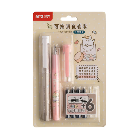 M&G Cat Erasable Fountain Pen + 4 Black Ink Cartridge + 2 Eraser Black HAFP0707 (1set)